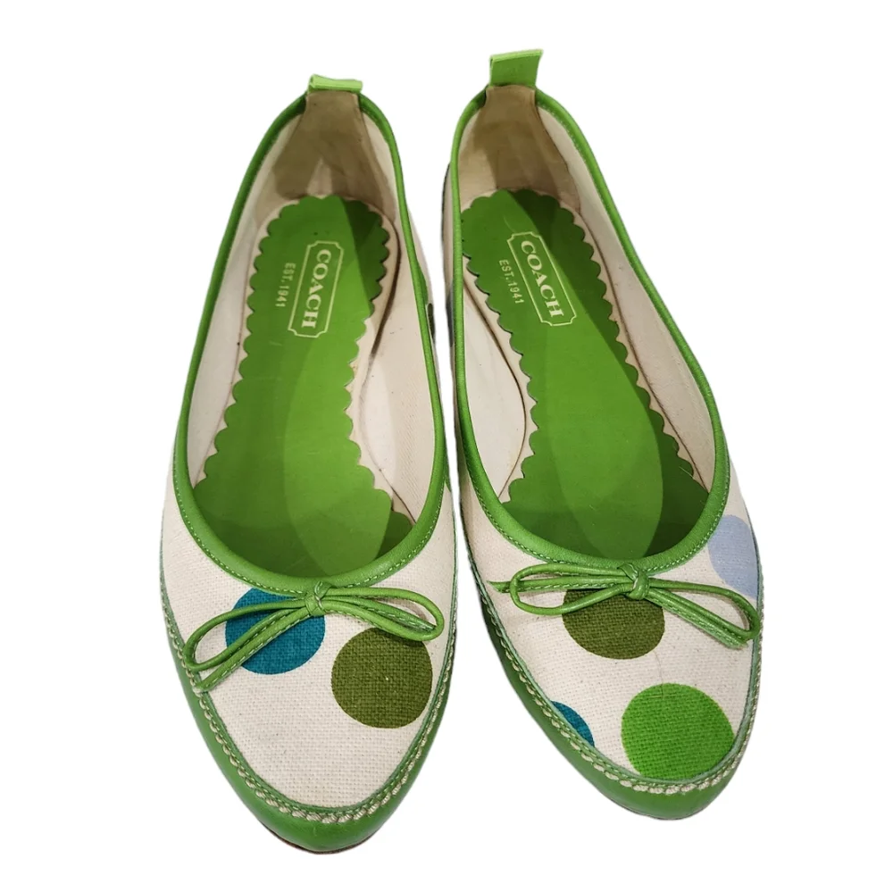 Coach Polkadot Green Canvas Leather  Almond Toe Slip-on Shoes Size 6.5